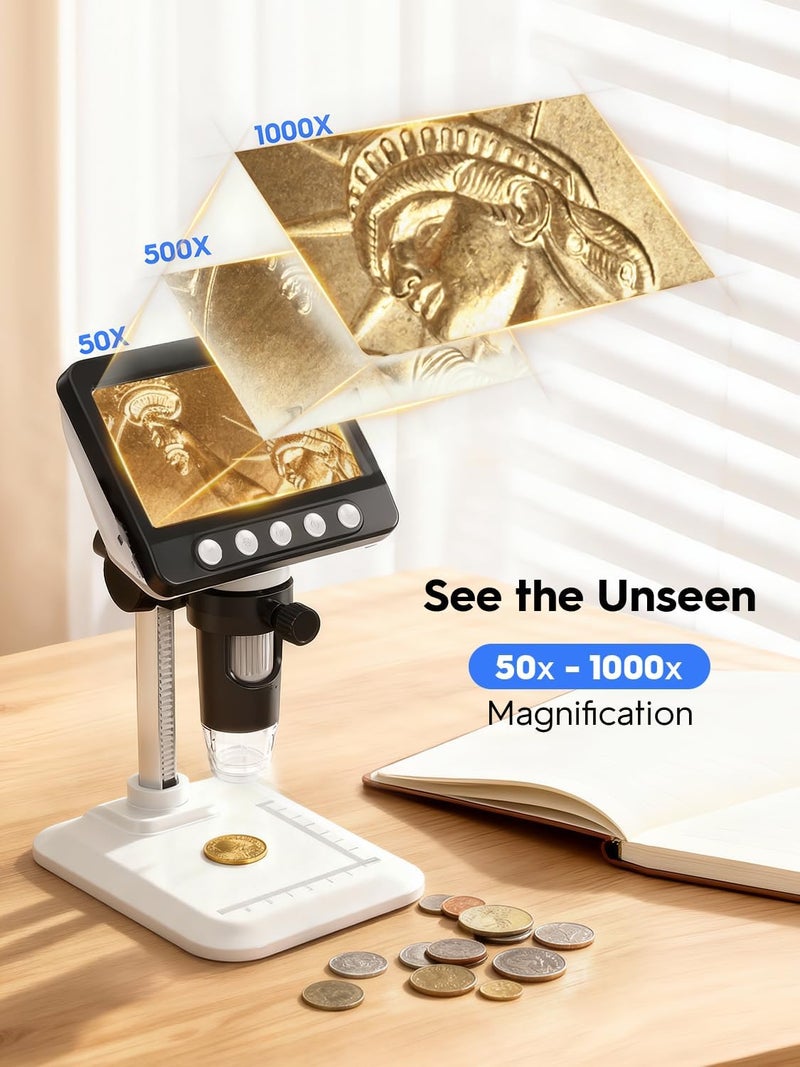 WKR ميكروسكوب عملات للأخطاء، 4.3 بوصة 1080P LCD ميكروسكوب رقمي، مكبر 50x-1000x مع 8 أضواء LED قابلة للتعديل، عرض على الكمبيوتر، متوافق مع MacOS و Windows للبالغين والأطفال - Image 2
